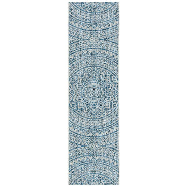 Courtyard Light Gray/Blue 2 ft. x 14 ft. Medallion Indoor/Outdoor Runner Rug