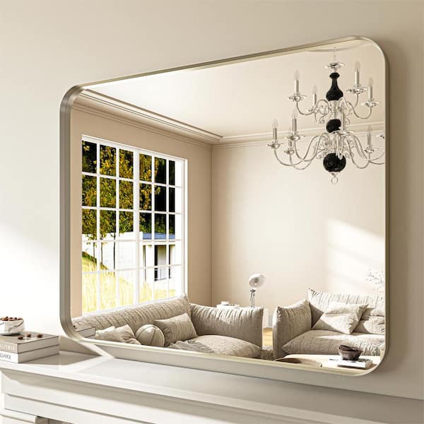 ORGANNICE 32 in. W x 40 in. H Modern Silver Aluminum Framed Rounded Wall Mount Mirror