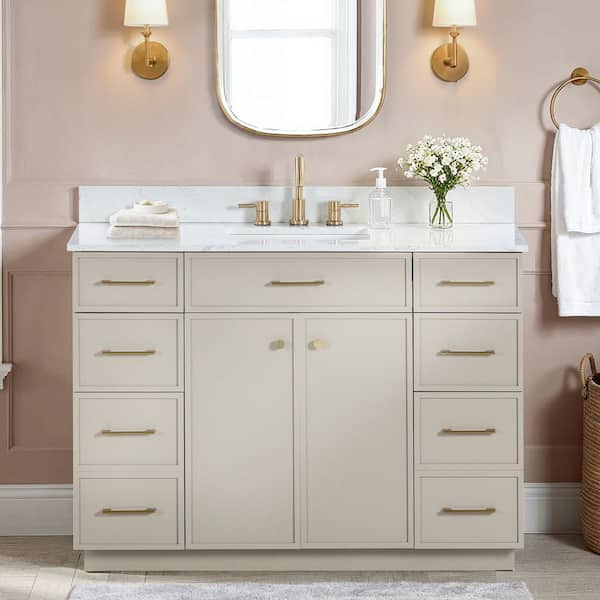 Marcote 48 in. Single Sink Greige Bath Vanity with White Volakas Engineered Marble Top (Assembled)
