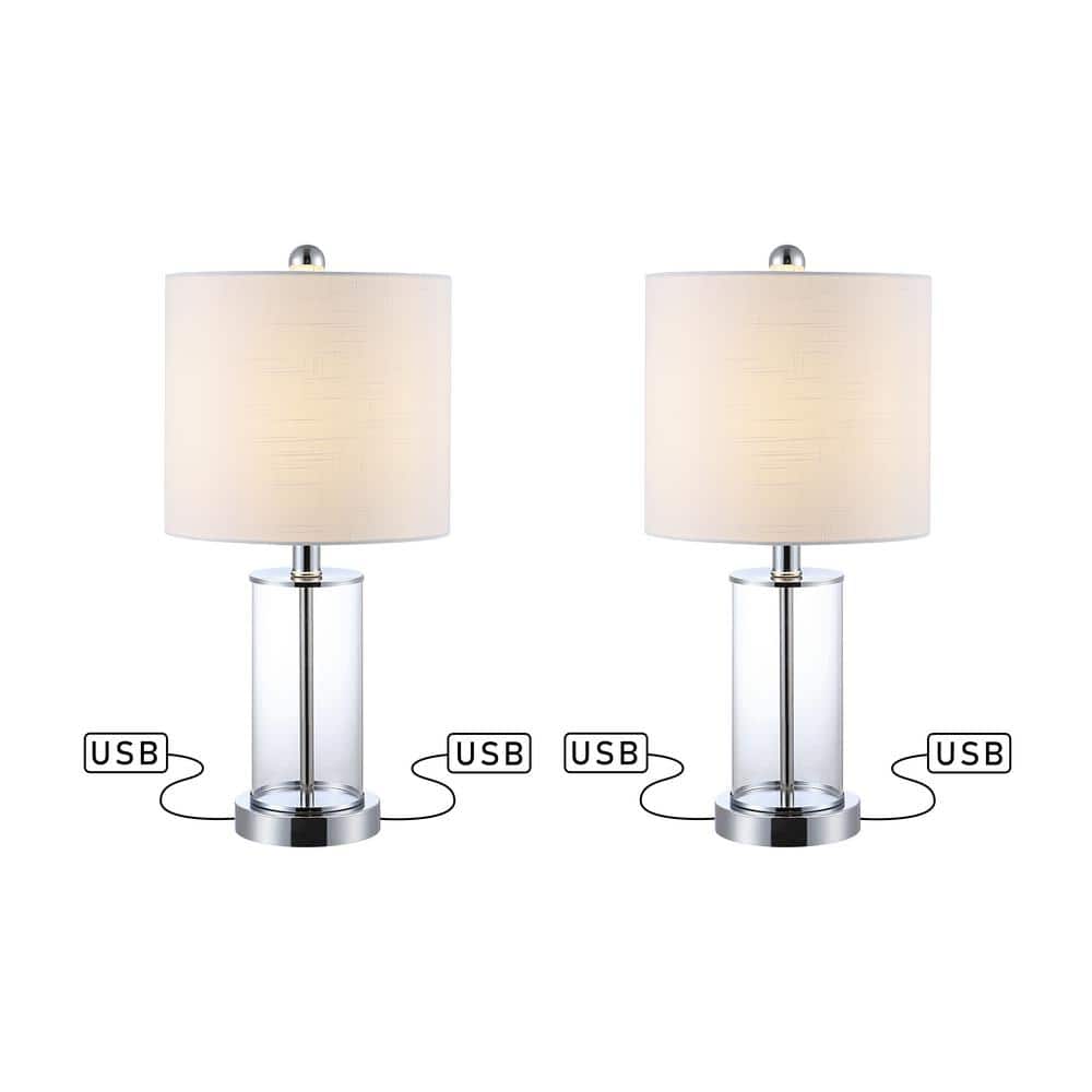 Abner 21" Chrome and Clear Glass USB Table Lamp Set
