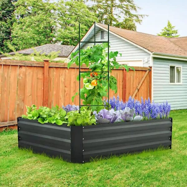 4 x 3 x 1 ft. Metal Planter Box, Galvanized Raised Garden Bed Bottomless for Backyard Outdoor, Include 1 pc Tomato Cage