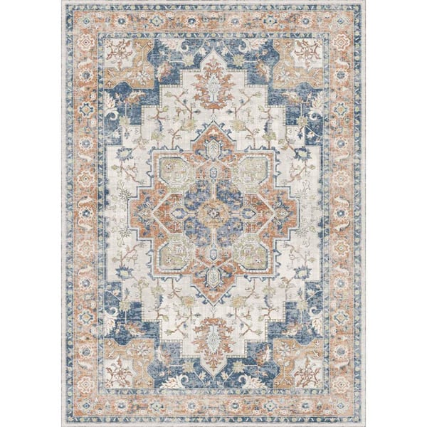 Limlok Medallion Blue Orange 8 ft. x 10 ft. Persian Area Rug
