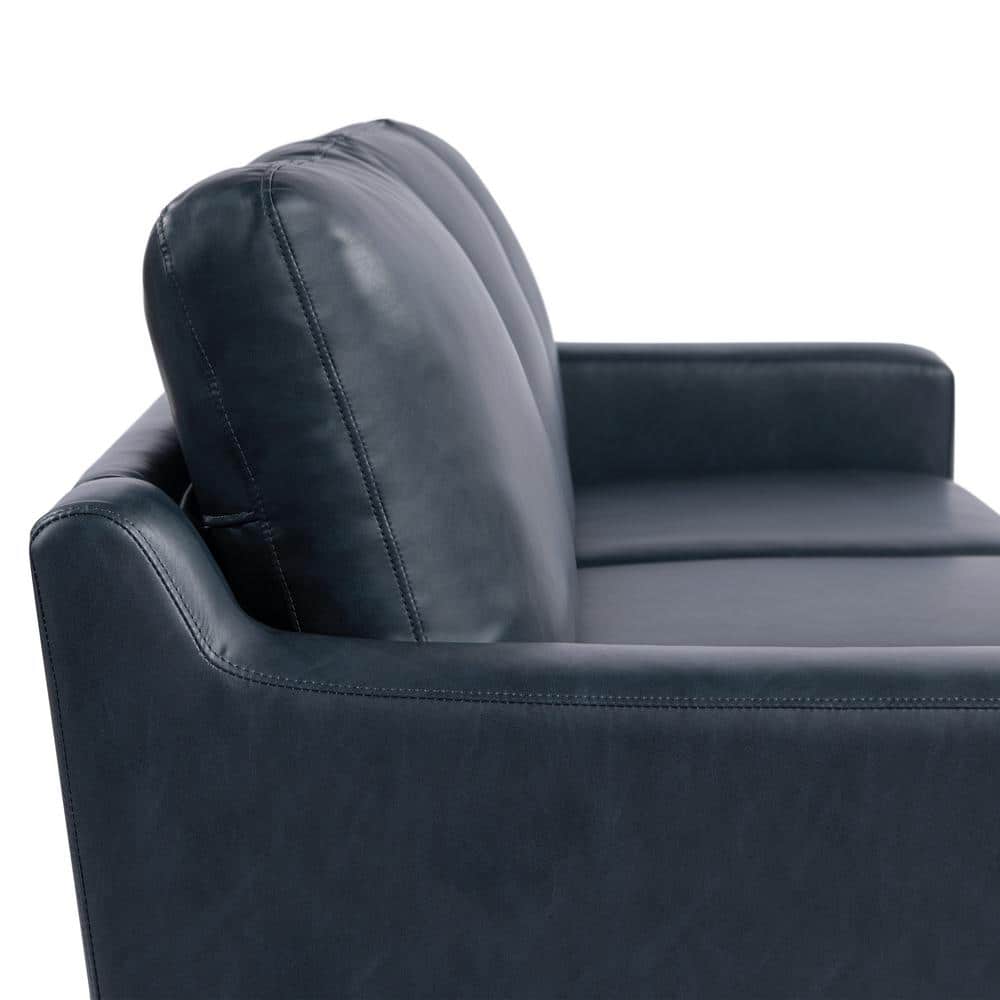 Navy Faux Leather Sofa with Removable Cushions and Wood Legs