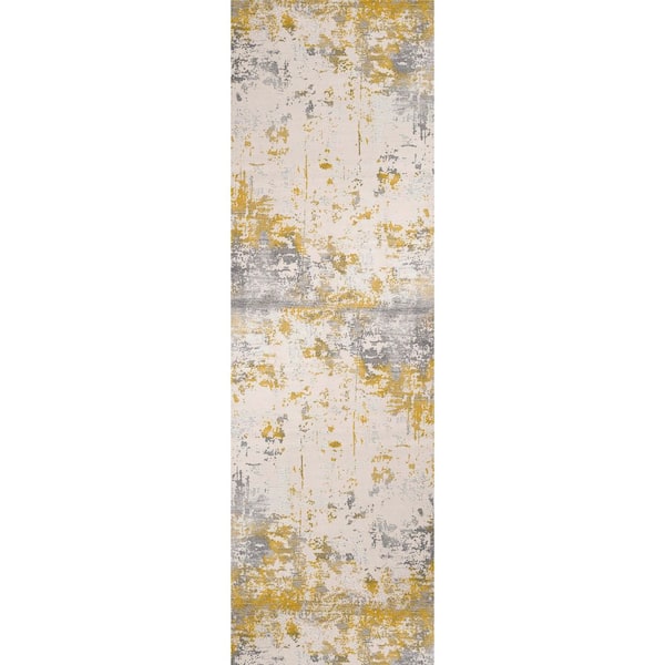 Vogue, Gold Grey, Contemporary 2 ft. x 9 ft. Abstract Indoor Runner Rug