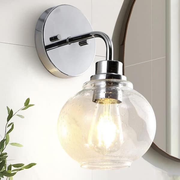 JONATHAN Y Sandrine 6.5 in. 1-Light Chrome Iron/Seeded Glass Cottage Rustic LED Vanity Light