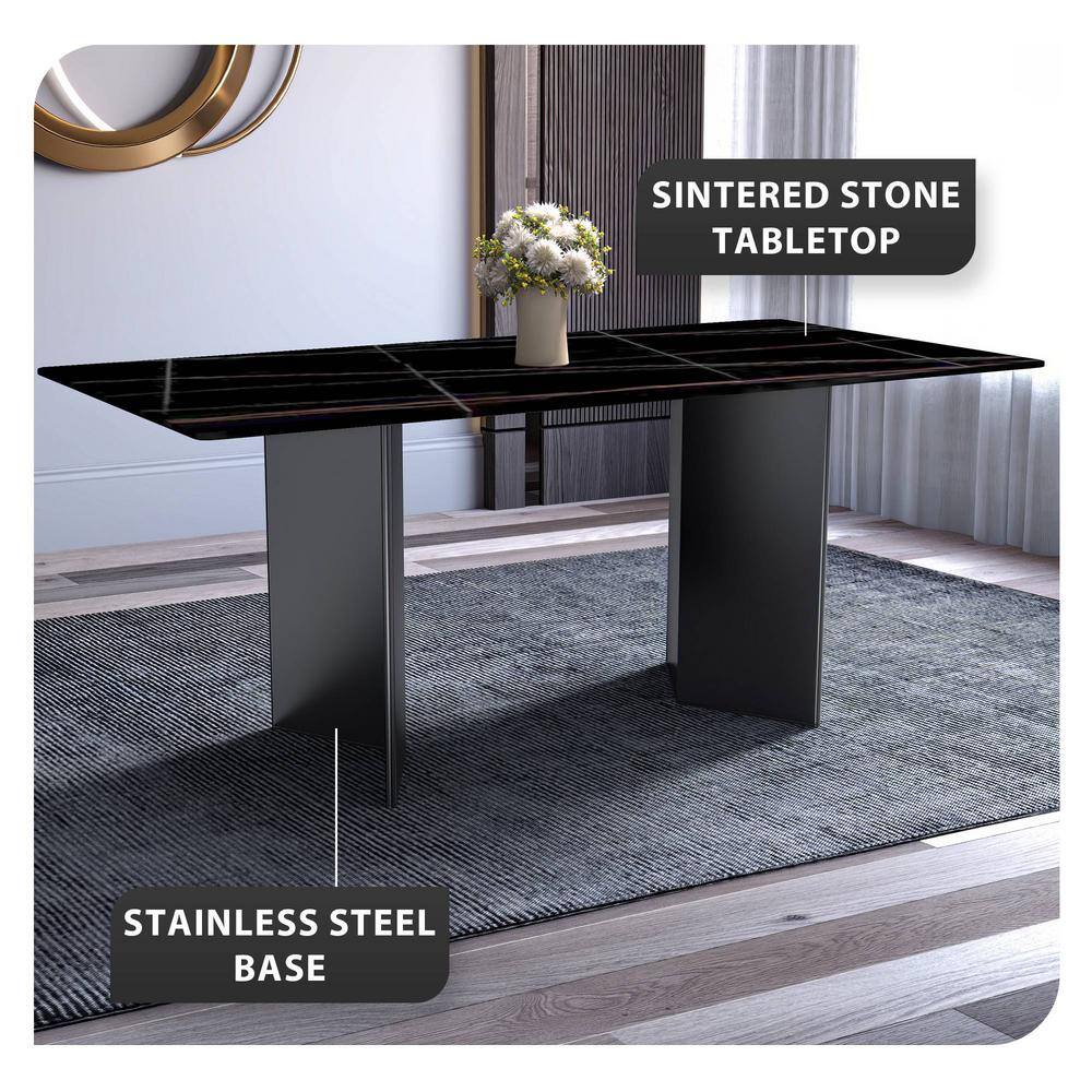 Rectangular Black Glass Dining Table with Stainless Steel Base