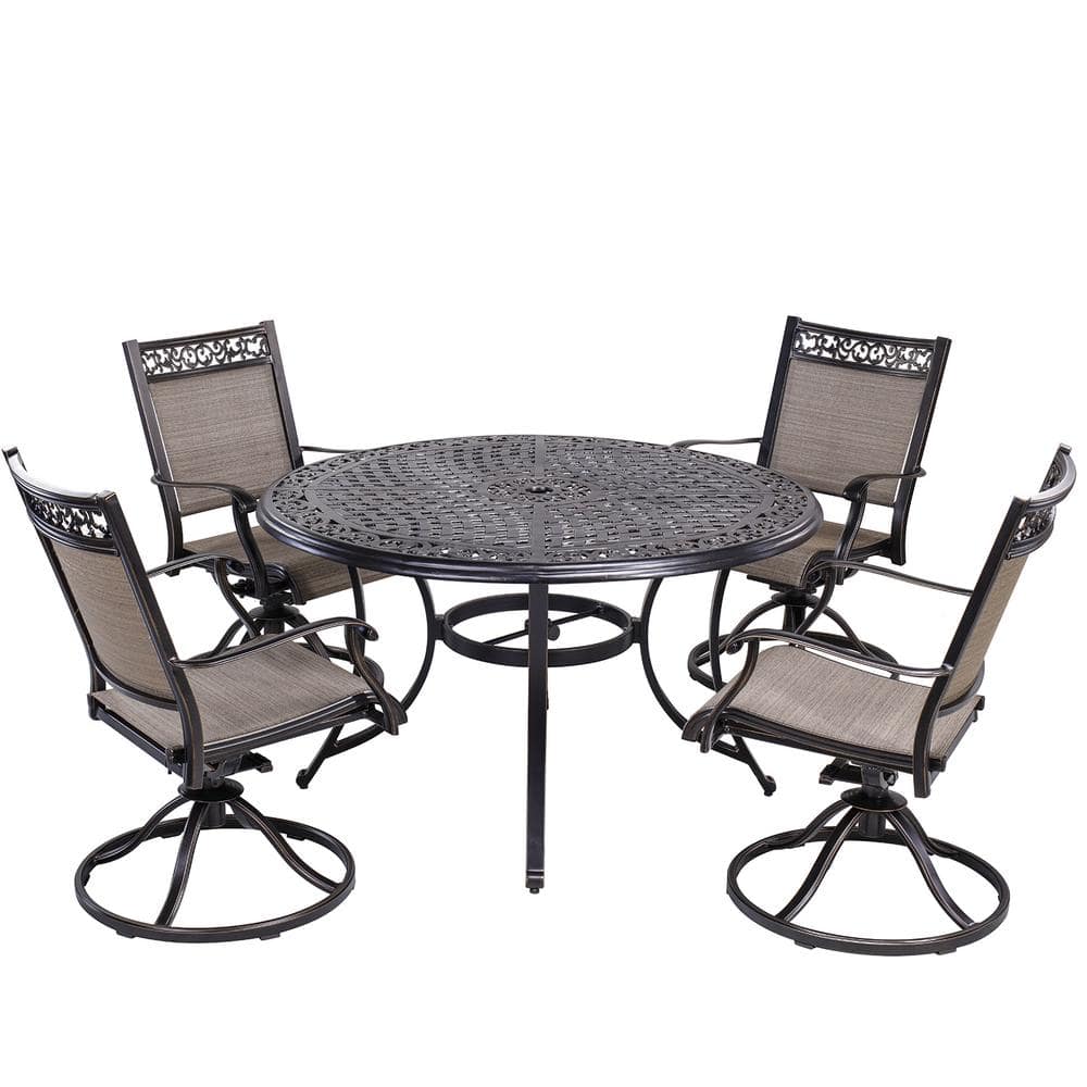 Lucius Dark Gold 5-Piece Cast Aluminum Patio Round Table 28 in. H Outdoor Dining Set with Umbrella Hole -  Mondawe, MD-450-300