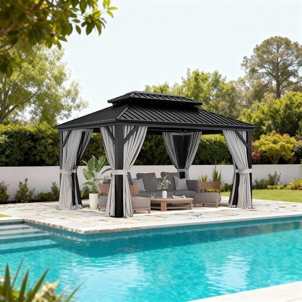 Sizzim 10 ft. x 14 ft. Outdoor Black Aluminum Hardtop Gazebo with
