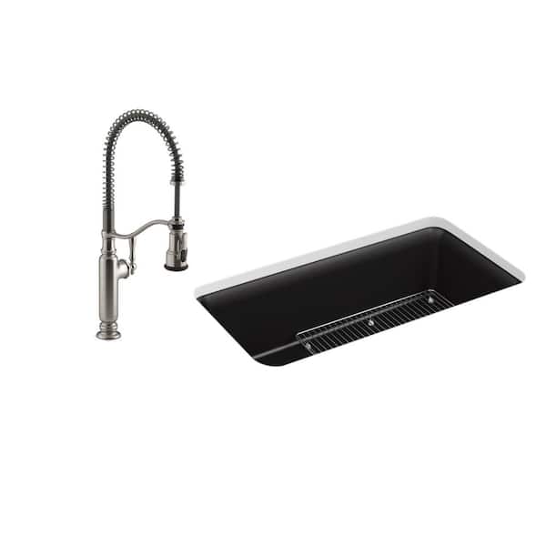 KOHLER Cairn Undermount Granite Composite 33 in. Single Bowl Kitchen Sink in Matte Black w/ Tournant Faucet in Stainless Steel