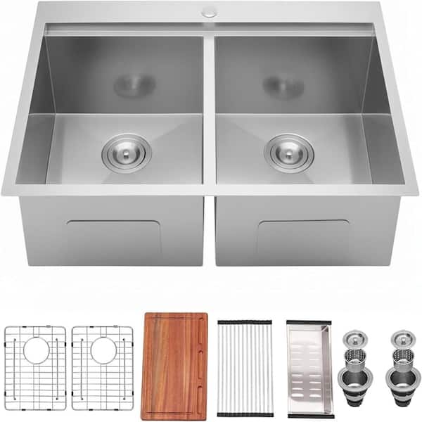 33 in. Drop In 50/50 Double Bowl 16 Gauge Brushed Nickel Workstation Kitchen Sink, Stainless Steel