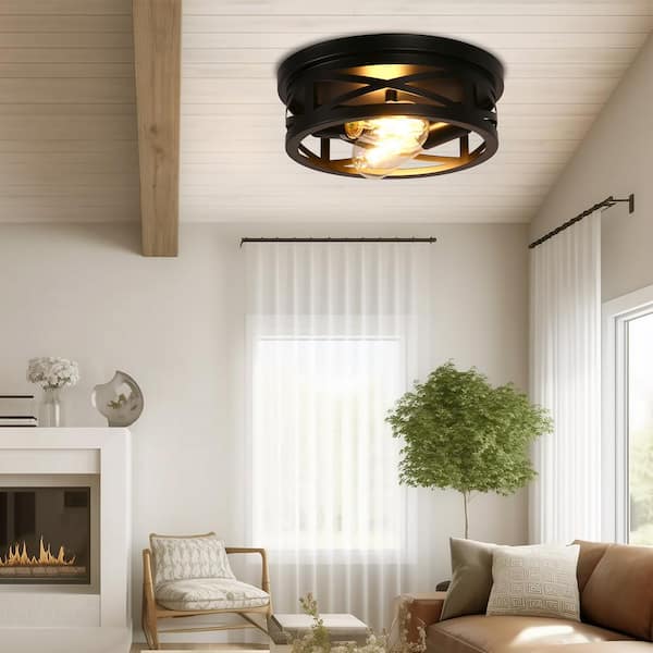 11 in. 2-Light Black Farmhouse Flush Mount with Drum Metal Cage Shade for Entryway Bedroom (2-Pack)