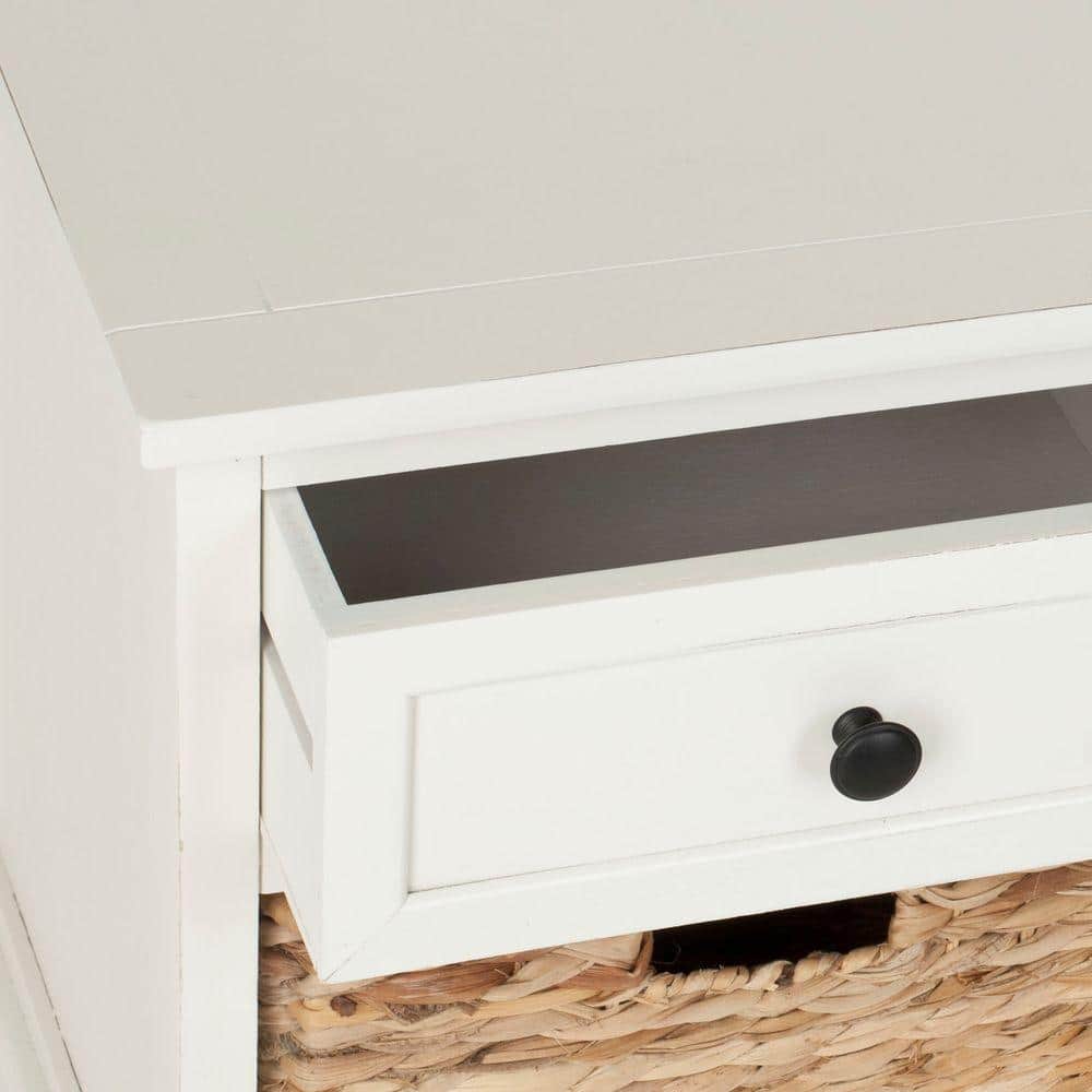 Distressed Cream Pine Storage Bench with 3 Drawers & Wicker Baskets