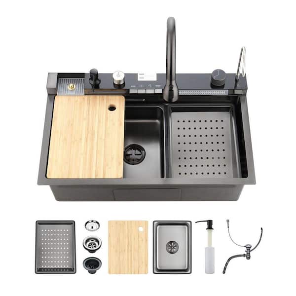 29.5 in. Drop-In Single Bowl 20-Gauge Stainless Steel Digital Waterfall Kitchen Sink with Faucet, Cup Washer in Black