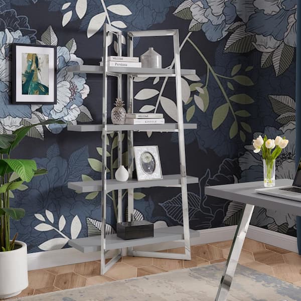 Inspired Home Oline 19.7 in. Wide Grey/Chrome 4-Shelves Etagere Style Bookshelf