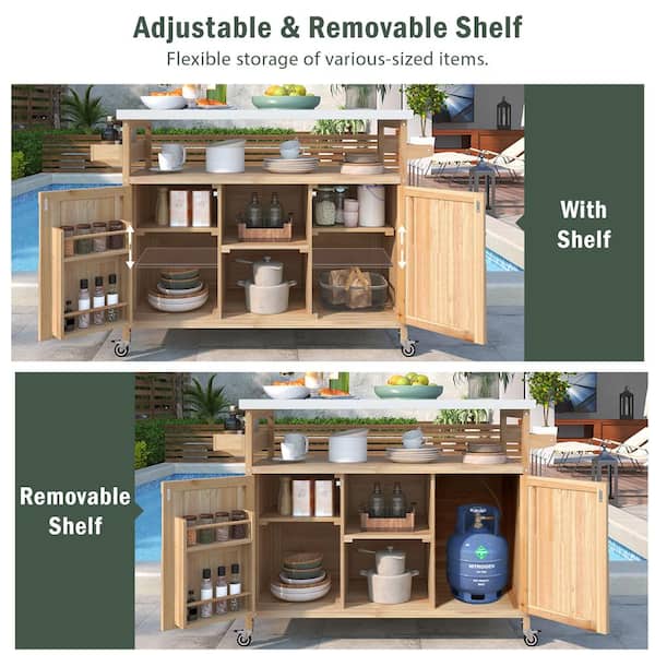 Outsunny Rattan Outdoor Storage Cabinet, Wicker Bar Table With Acacia