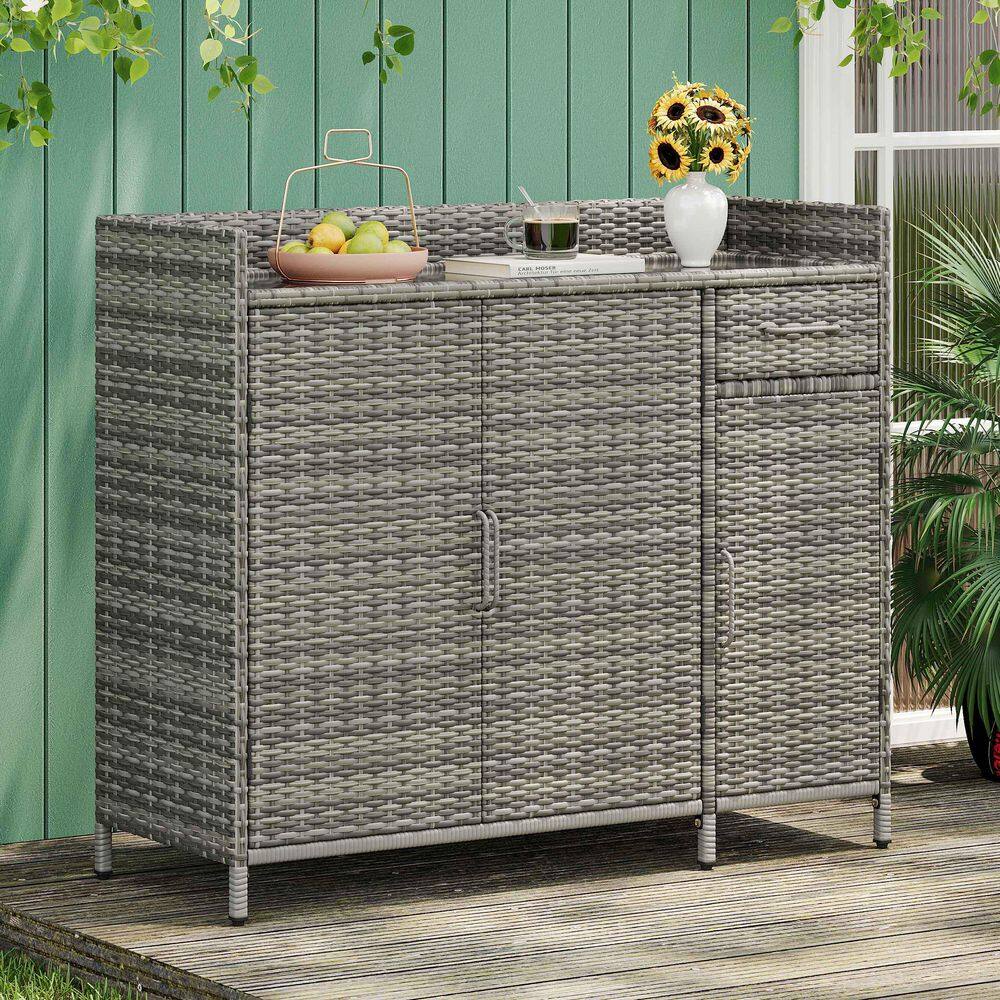 Gray Wicker Outdoor Bar Table, Storage Cabinet with Tempered Glass Desktop, 3-Doors, Adjustable Shelf, and 1-Drawer