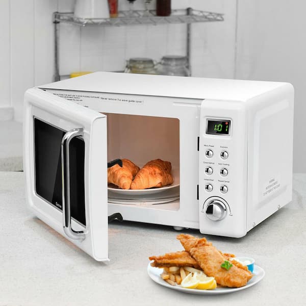 Costway 0.7Cu.ft Retro Countertop Microwave Oven 700W LED Display Glass Turntable White