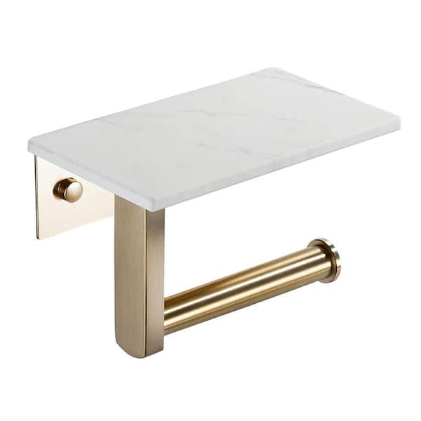 Wall Mount Toilet Paper Holder Bath Hardware Accessory with Natural Marble Shelf Tissue Storage Holder in Brushed Gold