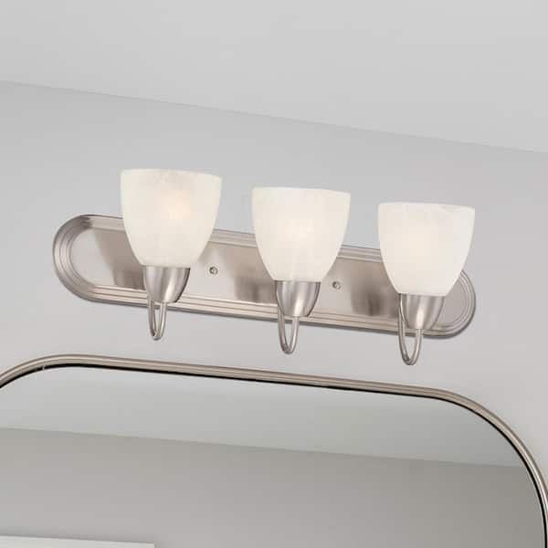 Torino 24 in. 3-Light Brushed Nickel Transitional Vanity Light with Alabaster Glass Shades