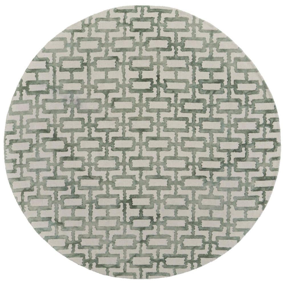 Handmade Ivory and Green Wool Round Trellis Area Rug