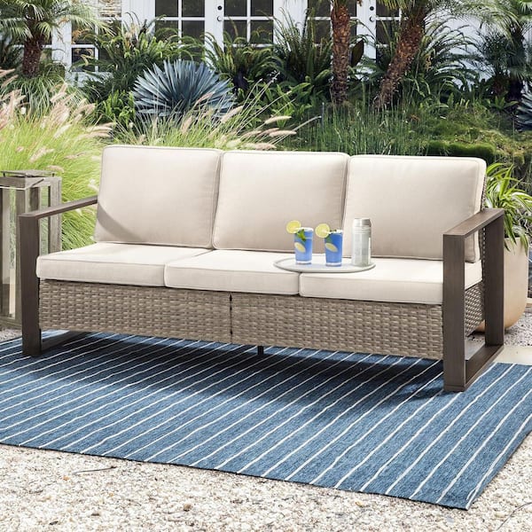 Wicker Outdoor Sectional Couch Sofa, Patio 3-Seater with Beige Olefin Cushions, Metal Frame with Wood-like Grain Arms