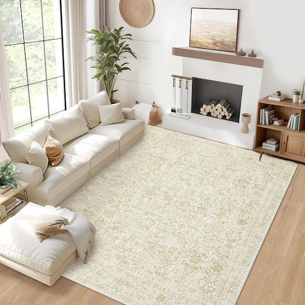 Beige Camel 8 ft. x 10 ft. Vintage Floral Carpet Short Pile Neutral Soft Rug Non-Slip for Bedroom Living Room