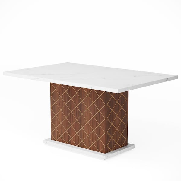 BYBLIGHT White and Walnut Faux Marble 47 in. Pedestal Dining Table Seats 4
