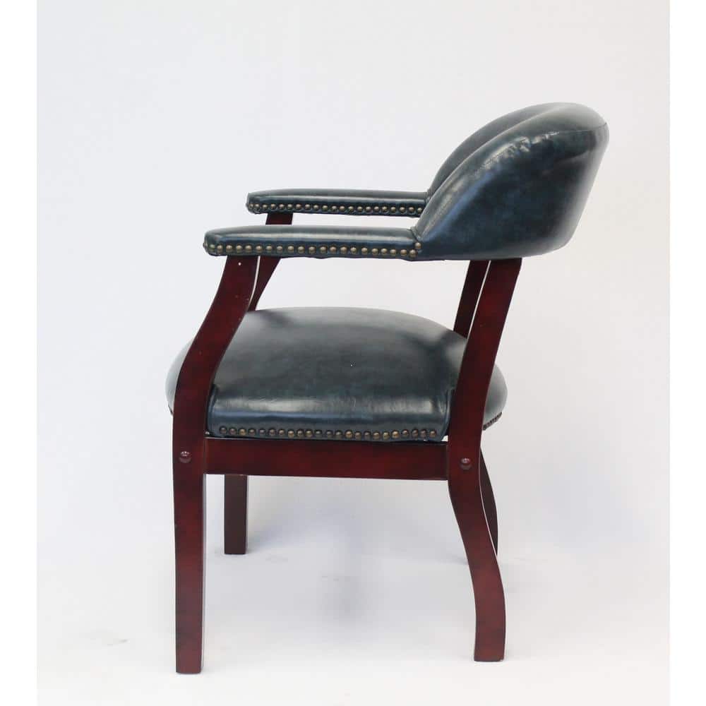 Blue Vinyl and Mahogany Wood Traditional Captain's Reception Chair