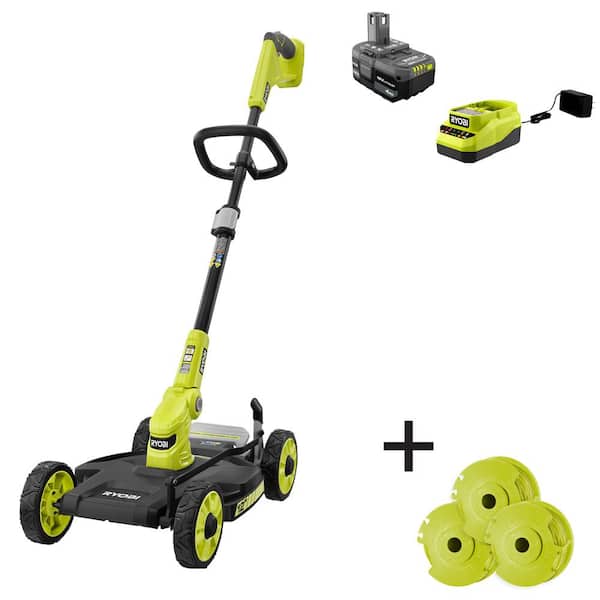 RYOBI ONE+ 18-Volt 12 in. Cordless 3-in-1 Trim Mower with Extra 3-Pack of Spools, 4.0 Ah Battery and Charger