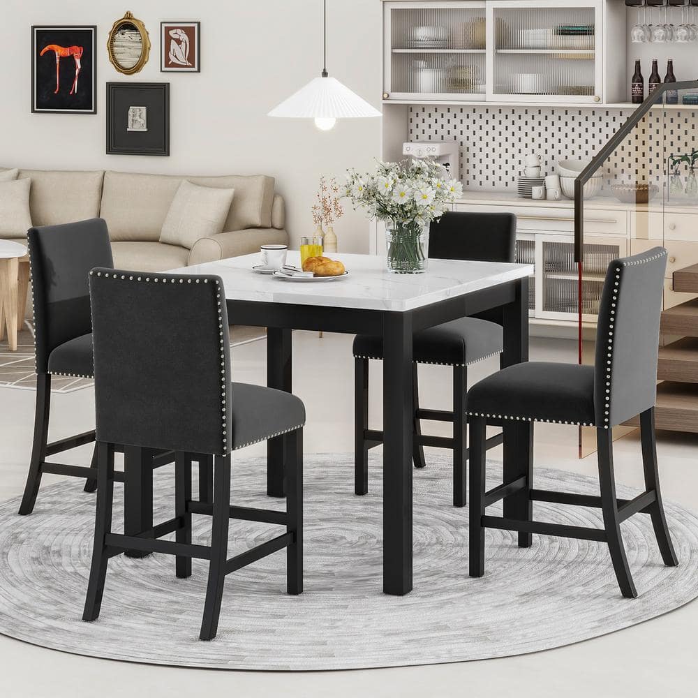 5-Piece Square Faux Marble Wood Tabletop Counter Height Dining Table Set wi