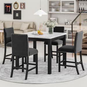 5-Piece Square Faux Marble Wood Tabletop Counter Height Dining Table Set with 4 Upholstered Chairs in Black (Seats 4)