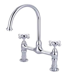 Harding Two Handle Bridge Kitchen Faucet with Button Cross Handles in Polished Chrome
