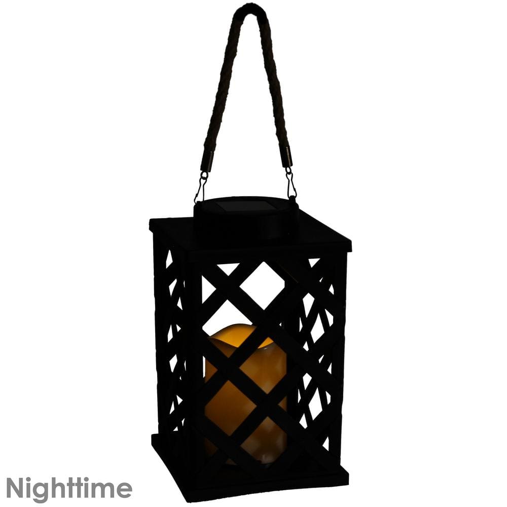 Black Crosshatch Solar LED Hanging Tabletop Candle Lantern