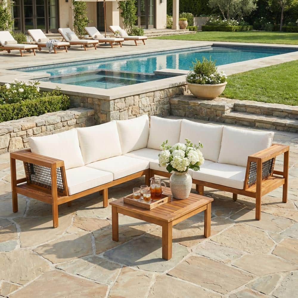 4-Piece Outdoor Beige Wood Patio L-Shaped Conversation Sectional Seating Set with Woven Mesh Armrests and Coffee Table price history on PriceWatchPro