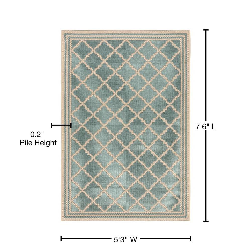 Aqua and Cream Geometric Washable Round Rug
