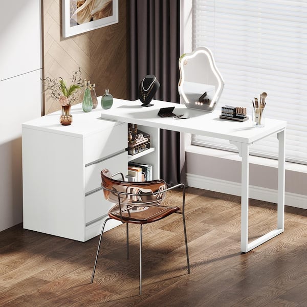 BYBLIGHT Helotes 1-Piece White Makeup Vanity Desk with 3-Drawers, Vanity Desk with Storage Shelves for Bedroom