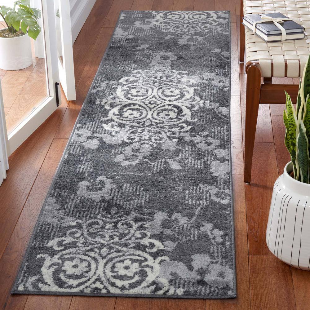 Charcoal and Ivory Floral High Pile Runner Rug