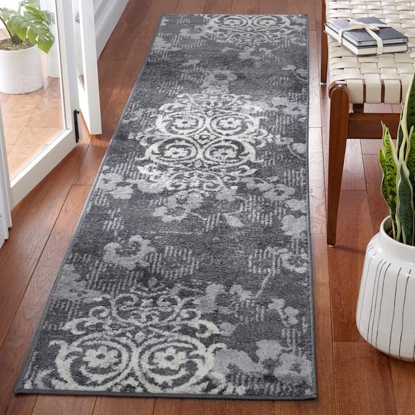 Adirondack Charcoal/Ivory 3 ft. x 6 ft. Floral Damask Runner Rug