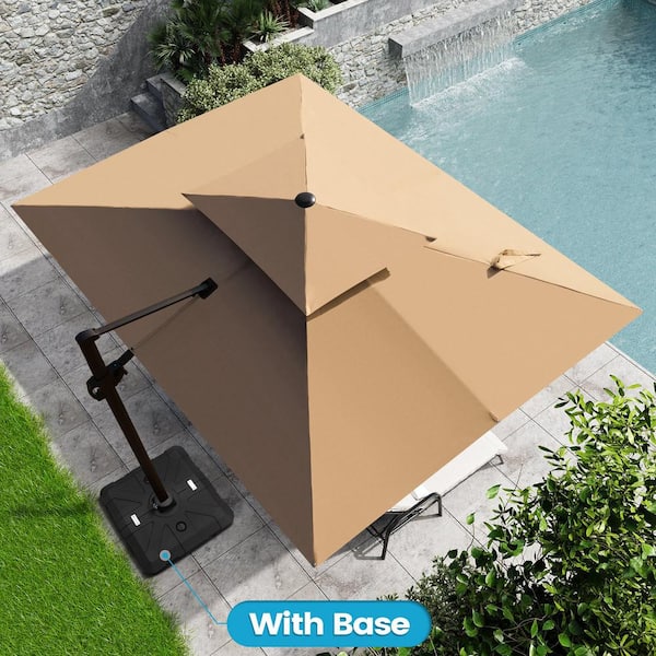 null 11 ft. x 9 ft. Double Top Rectangular Cantilever Patio Umbrella in Tan Brown with 260 lbs. Base Stand