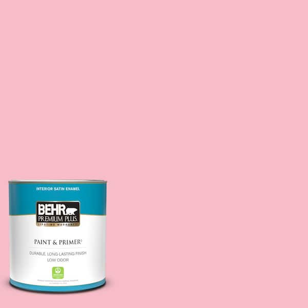 BEHR PREMIUM PLUS 1 qt. #120C-2 Pink Punch Satin Enamel Low Odor Interior Paint & Primer