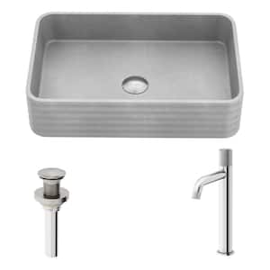 Cadman Concrete Stone Rectangular Fluted Bathroom Vessel Sink in Gray with Apollo Faucet and Pop-Up Drain in Chrome