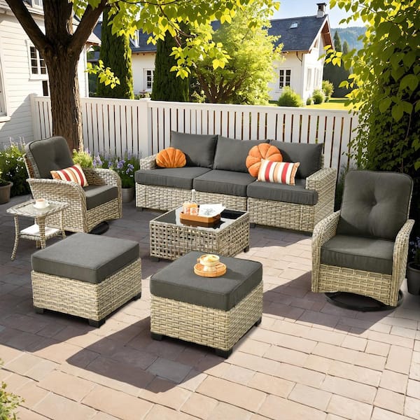 Torino Gray 9-Piece Modern Wicker Patio Conversation Deep Seating Set with Swivel Rocking Chairs and Black Cushions