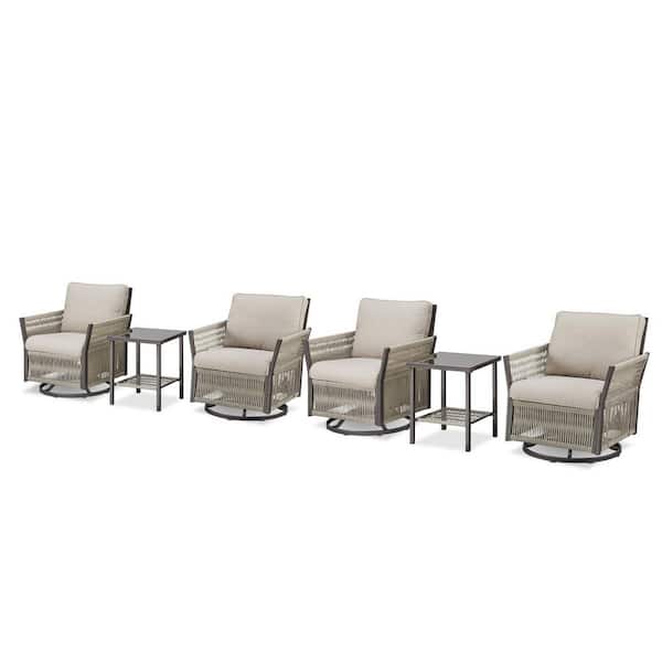 6-Piece Wicker Patio Conversation Set, 4-Swivel Chairs and Side Table with Beige Cushions, Handwoven Wicker