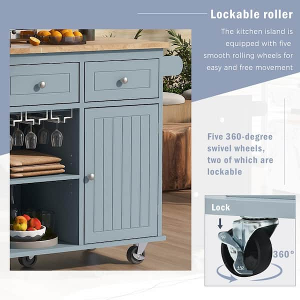 Cesicia Black Rubberwood Drop-Leaf Countertop 53.1 in. Kitchen Island Cart with Cabinet Door Internal Storage Racks and 3-Drawer