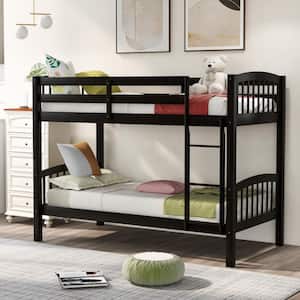 Wood Bunk Bed Twin Over Twin Bunk Bed Wood 2 in 1 Bunk Bed with Ladder and Guardrails for Kids, Teens Espresso