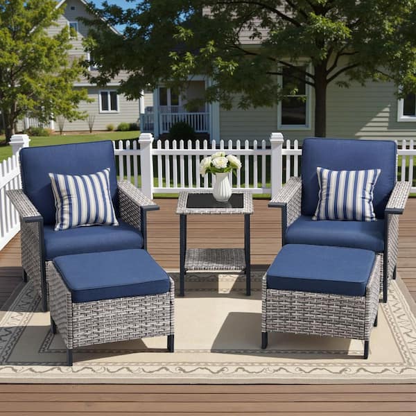 Buenaola 5-Piece Gray Wicker Patio Conversation Sets with Lounge Chairs, Outdoor Deep Seating Set with Blue Cushions