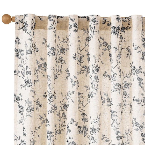 Black Polyester Floral Back Tab Room Darkening Curtain (Double Panel) - 50 in. W x 96 in. L