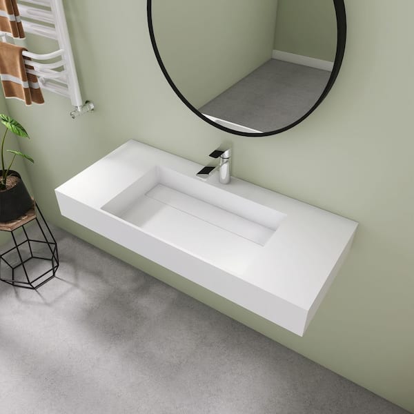 42 in. x 18 in. Wall Mount Rectangle Vessel Sink with Faucet Hole, Solid Surface Bathroom Vessel Sink in Matte White