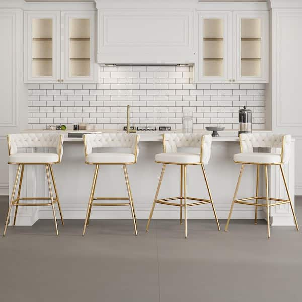 34.25 in. Braided Bar Stools Set Counter Height Kitchen Island Stools w/ Back Support, White Metal Bar Chairs (Set of 4)