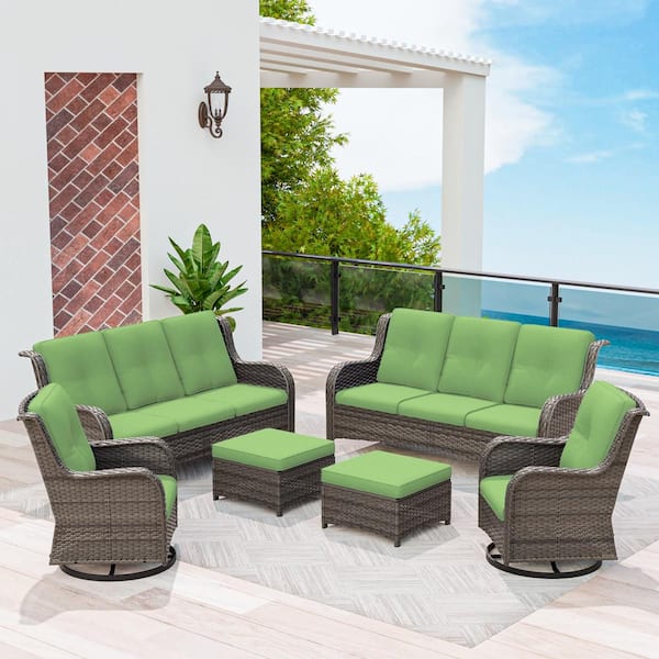 Brown 6-Piece Wicker Patio Conversation Set Rattan Seating Set with Green Cushion